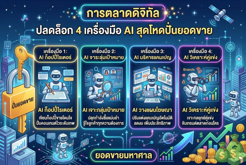 การตลาดดิจิทัล, AI Marketing, ระบบอัตโนมัติ, เครื่องมือ AI, ลดต้นทุน