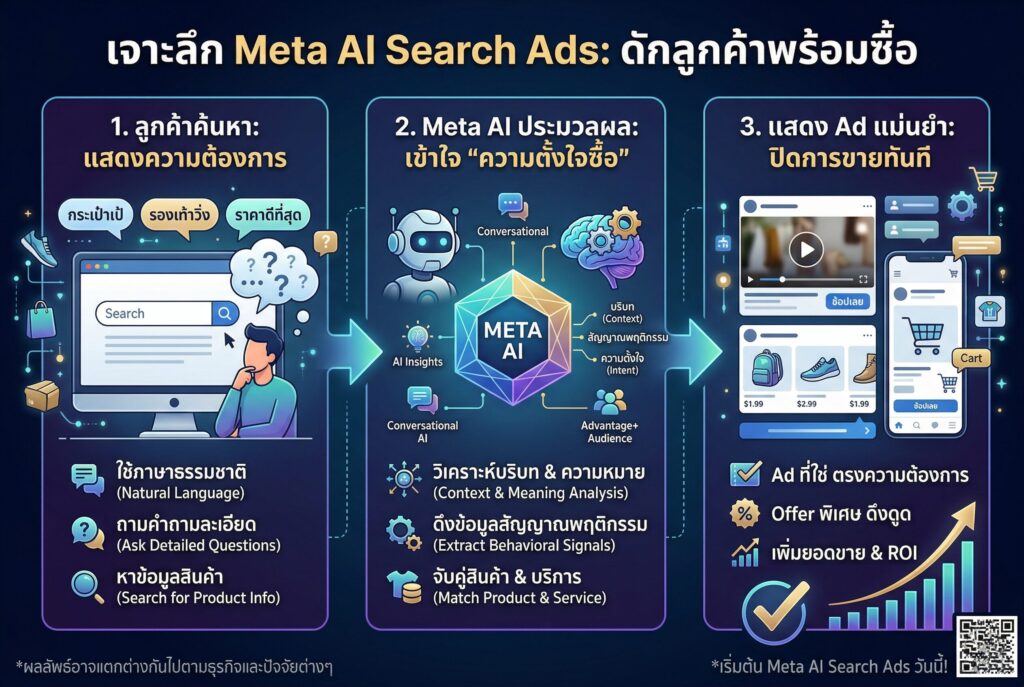 Meta AI Search Ads, ค้นหาบน IG, Facebook Ads 2026, ยิงแอดเฟสบุ๊ค, ลูกค้าพร้อมซื้อ