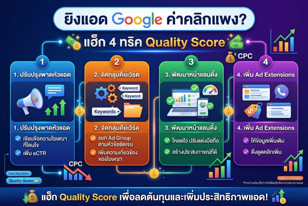 ยิงแอด Google, ค่าคลิกแพง, Quality Score, การตลาดออนไลน์, ตัวจัดการโฆษณา