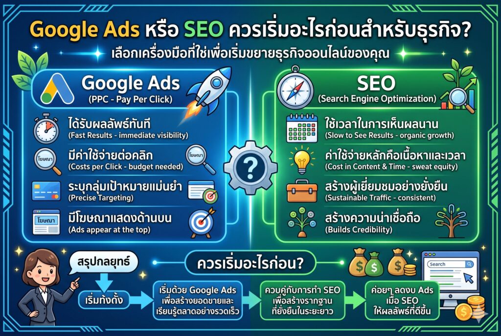 Google Ads หรือ SEO ควรเริ่มอะไรก่อน, ทำ SEO, ยิงแอด Google, การตลาดออนไลน์, เพิ่มยอดขาย