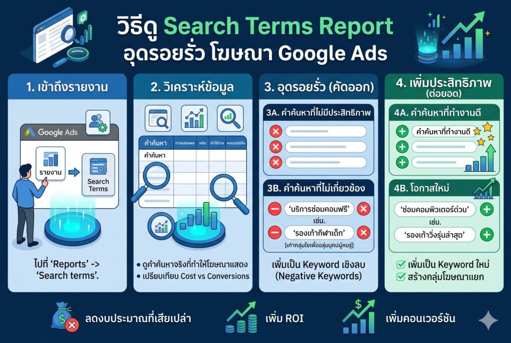 Search Terms Report, โฆษณา Google Ads, ยิงแอด Google, การตลาดออนไลน์, เพิ่มยอดขาย