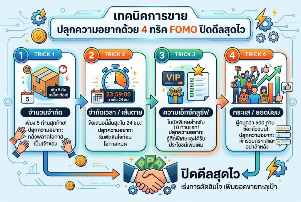 เทคนิคการขาย, กลยุทธ์การขาย, จิตวิทยาปิดการขาย, FOMO, ยอดขาย
