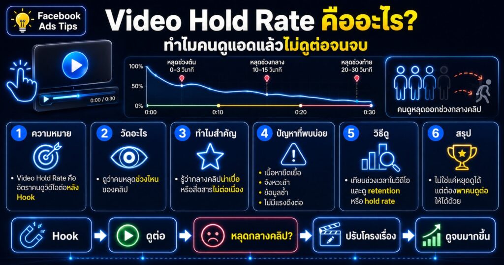 Video Hold Rate, Video Hold Rate คืออะไร, Video plays at 50%, Facebook Ads Video Metrics, Average play time