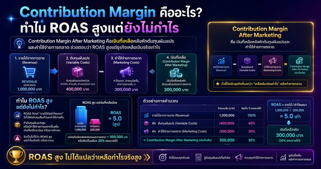 Contribution Margin, Contribution Margin After Marketing, ROAS, Marketing Spend, กำไรจากโฆษณา